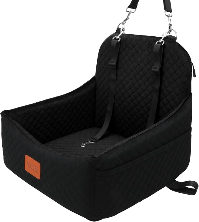 Dog Car Seats for 5-25 lbs Dogs,Pets Safety Travel Bed with 3Seatbelt-Black | Storage Pockets,Non-Slip Bottom,Memory Foam with Detachable Washable Cover and Easy to Install
