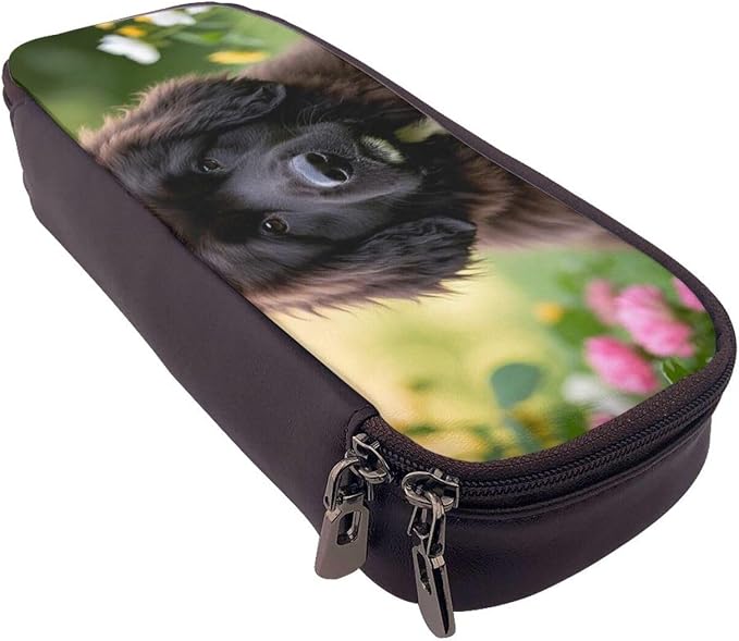 Leather Pen Case with Zipper - Aesthetic Pen Holder Cute Pet Newfoundland Dog Pencil Case for Women & Men - Handcrafted Pencil Bag Multi-Functional Travel Cosmetic Case for Work Office Tool Pouch