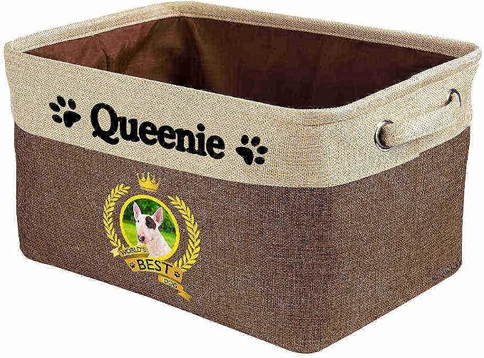 Custom Name Collapsible Dog Toy Storage Basket Bin World's Best Dog Lovely Bull Terrier Foldable Pet Toy Box Closet Shelf Baskets Organizer for Bedroom Home Dog Cat with Handles Brown