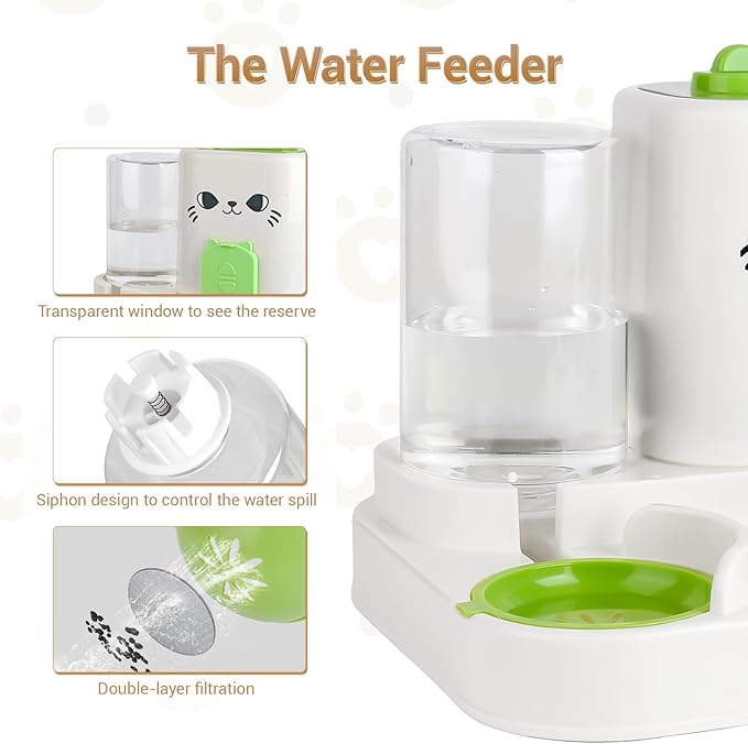 Gravity Pet Feeder Water Dispenser Combo for Cats & Dogs – 2-in-1 Automatic Food & Water Station, Large Capacity, Non-Slip Base, Easy to Clean, Travel Ready (Green)