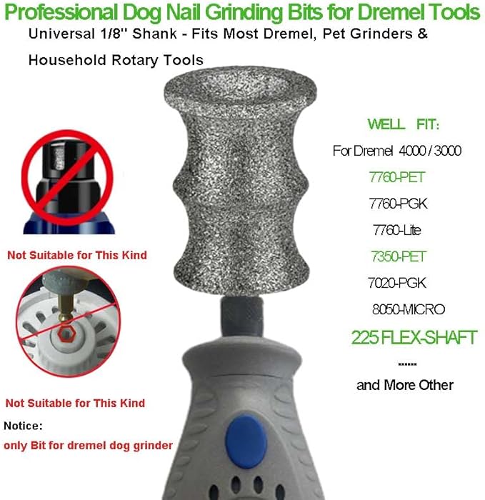 Diamond Dog Nail Grinder Bits Attachments for Dremel 7760 7350 4000 - 1/8'' 80 Grit Replacement Heads Refills & Tip for Most Pet Grinders - Painless & Safe for All Dogs Cats Thick Tough Nails Grooming