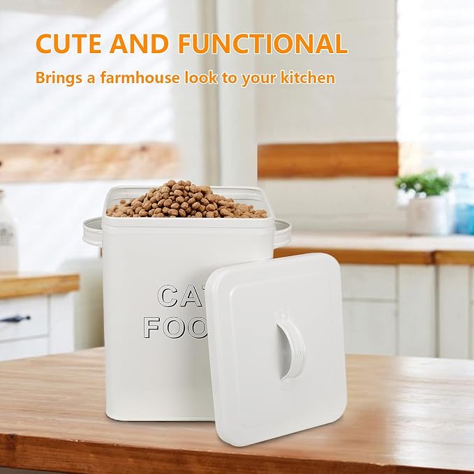 Morezi Metal Cat Food Container with Scoop 5-7 lb, Airtight Pet Food Bin | 25 Cups Cat Kibble Canister with Food Scoop, Sturdy Iron Body, Powder Coated, Airtight Bamboo Lid, Two Side Handle-White