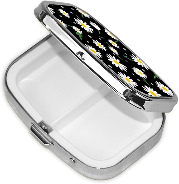 Small Pill case for Pockets & Purses Pill Box Makes 2 Compartment Travel Medicine Organizer (Daisy Flower Floral Polka Dot)