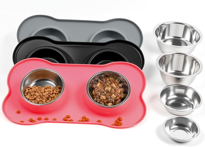 Conlun Dog Bowls with Silicone Feeding Mat,No Spill Food Water Dish Set,Dishwasher Safe,2 Stainless Steel Puppy Bowls with Dogs Bandanas,Suitable for Tiny Pets Under 8lbs,Extra Small,Pink