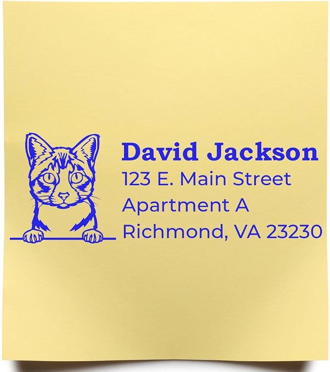 Peeking Ojos Azules Cat Wood Handle Address Stamp - 4 Line Custom Imprint | Up to 50 characters per line. Ojos Azules Cat Stationery Stamp. Custom Address Stamp for Housewarming Gifts. Laser-cut.