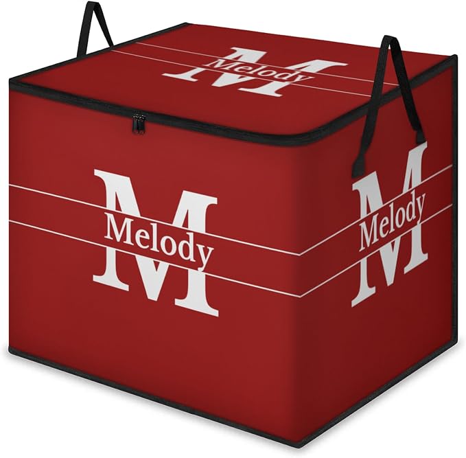 Personalized Extra Large Storage Basket with Lid, Comforters, Initial Letter Bedding Toys Red Color Storage Bin with Handles for Home, Collapsible Basket for Clothes, Moving, Car Trunk