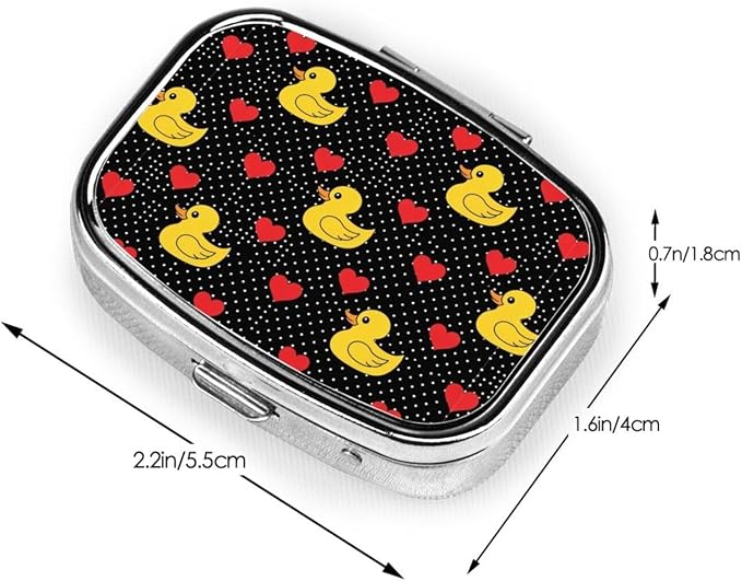 Travel-Sized Pill Organizer Compact Compartment Vitamin Case Cruise Flight Carry-On Must-Have, Black Red Love Hearts Polka Dots Yellow Rubber Ducks