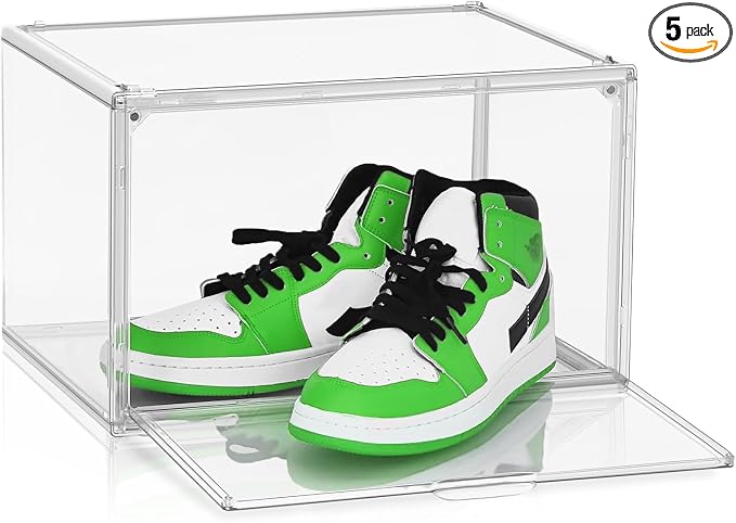 5 Pack Acrylic Shoe Boxes,Stackable Organizer for Everyday Footwear | Fits size 14 sneakers, casual shoes and athletic footwear. Clear acrylic design with magnetic door & dustproof storage
