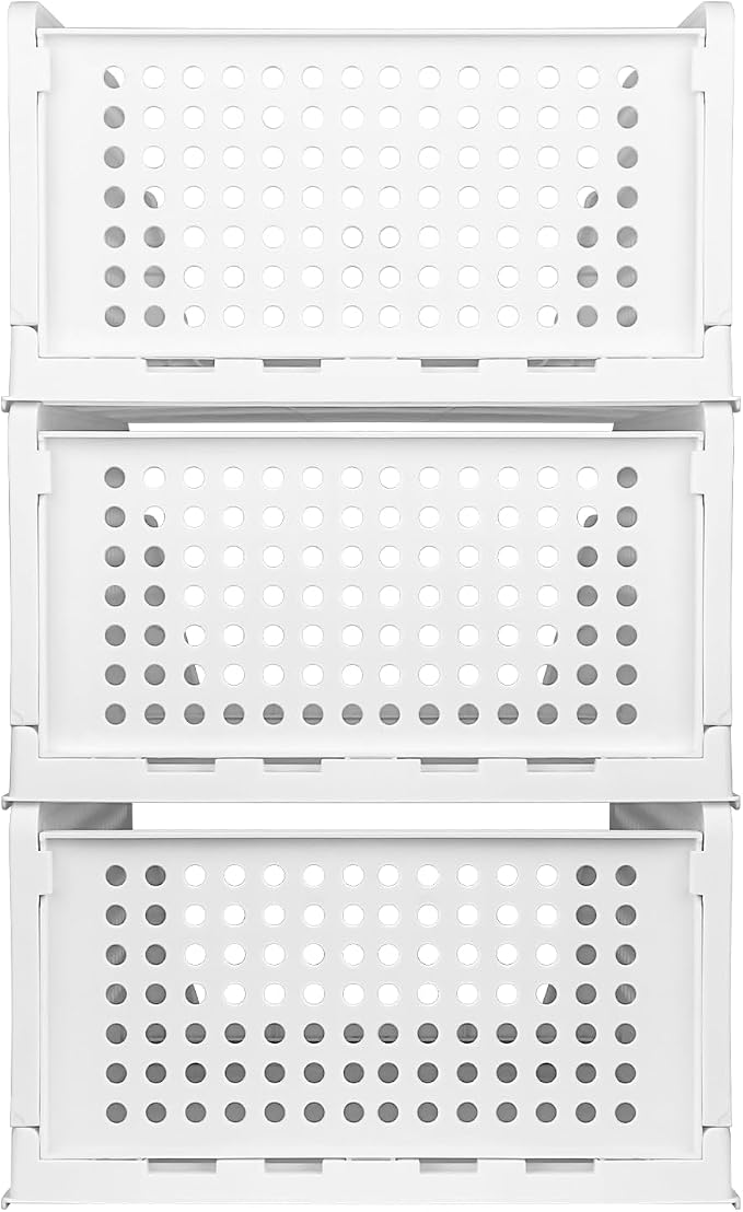 This Foldable Stackable Clothes 3-Tier Drawer Storage Shelf for Bedroom Kitchen Living Room Bathroom Office – White H-18cm Space-Saving Solution.