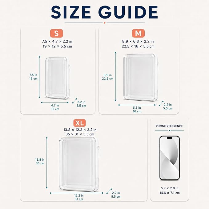 SELFIE CAT 5Pcs Clear Zipper Cases, Water Resistant Travel Organizers | Rigid clear PET, smooth double zippers, 3 stackable sizes for toiletries, cosmetics, stationery and household essentials