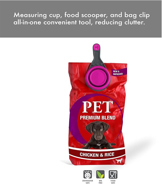 Dexas Popware for Pets Collapsible Klip Scoop, 3-in-1 Pet Food Scoop, Measuring Cup and Bag Clip, 1 Cup Capacity, Fuchsia