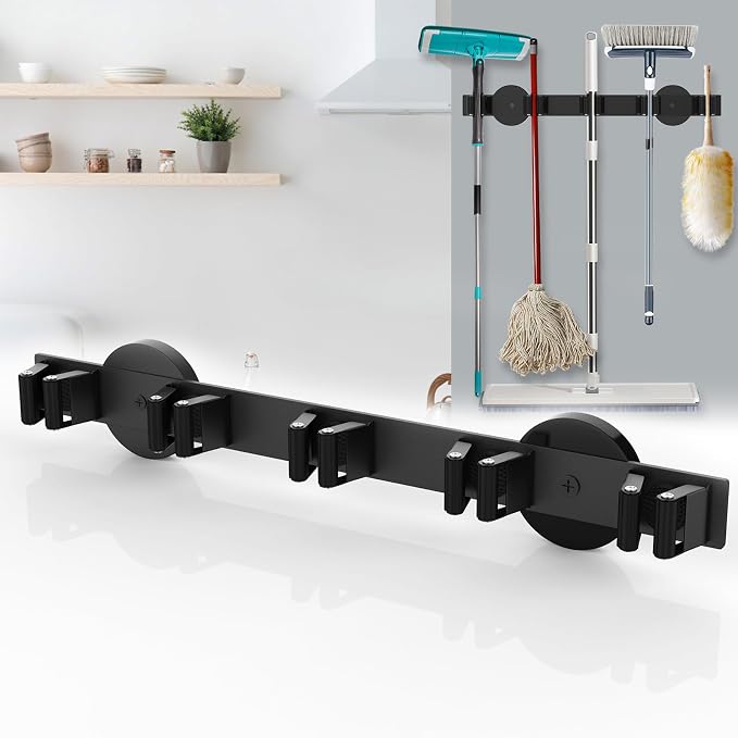 Magnetic Mop Broom Holder, Strong Non Slip Magnetic Broom Mop Hanger, Heavy Duty Magnetic Hooks for Hanging Shovel Rake Tools, Wall Mounted Utility Storage Magnet Rack (5 Rack)