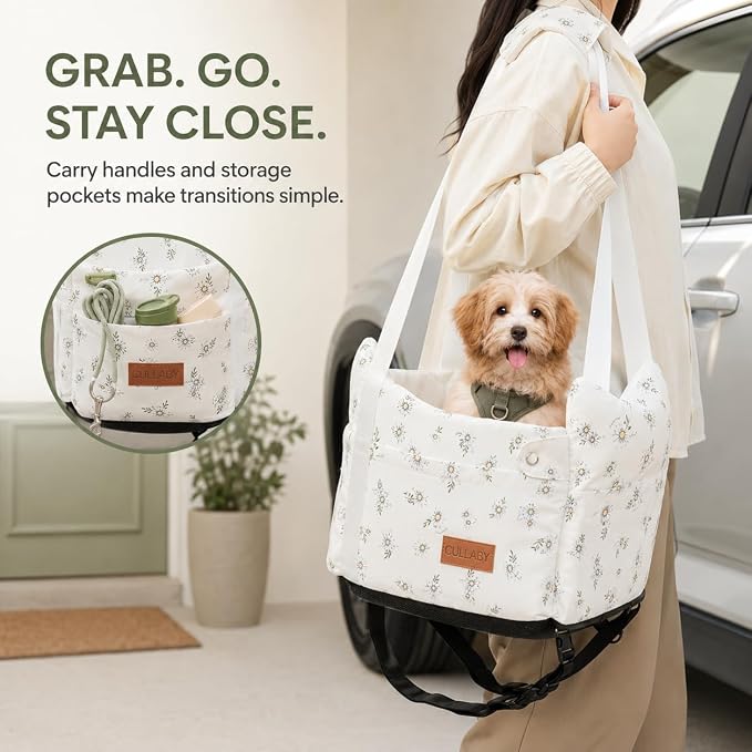 Center Console Dog Car Seat for Small Dogs (Off White) | 5 to 15 lbs, Pet Travel Booster Seat with Safety Leash, Detachable Seat Belt, and Storage Pockets