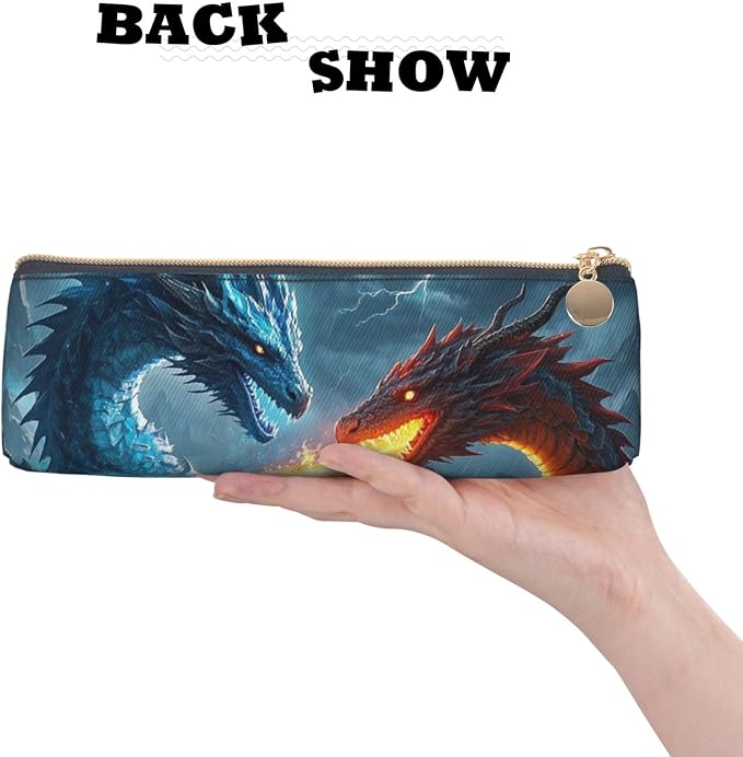 Leather Pen Case with Zipper - Aesthetic Pen Holder Ice Dragon and Fire Dragon Pencil Case for Women & Men - Handcrafted Pencil Bag Multi-Functional Travel Cosmetic Case for Work Office Tool Pouch