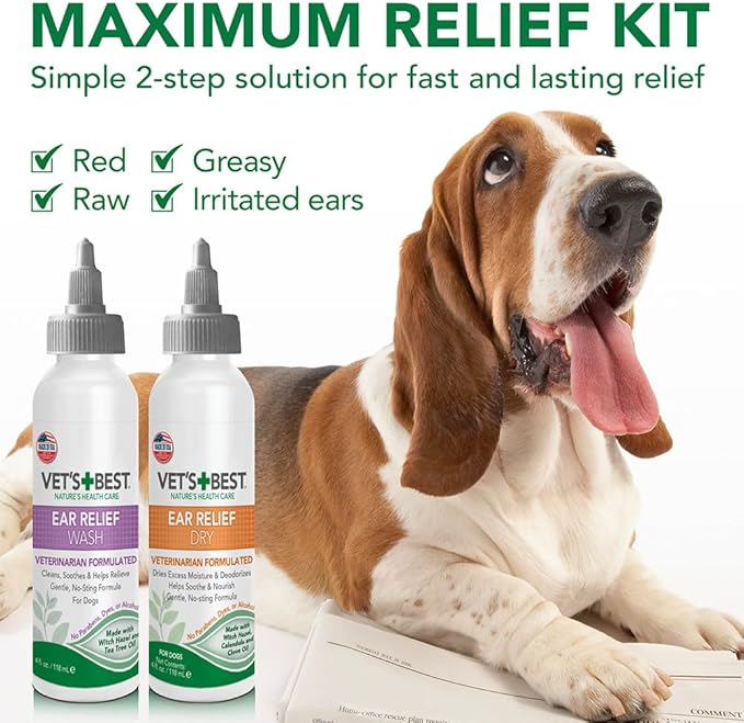 Vet's Best Dog Ear Cleaner Kit - Multi-Symptom Ear Relief - Wash & Dry Treatment - Alcohol-free
