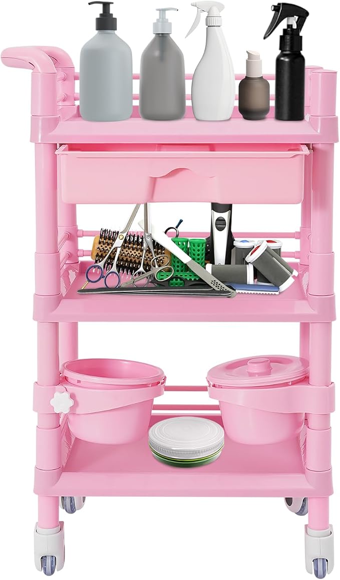 Mobile Salon Storage Cart with Wheel and Drawer, Portable 3-Tier Professional Trolleys, 176 Lbs Load Utility Tool, for Barber Stores, Spas, Homes, Beauty Store, Pet Shops (Pink)