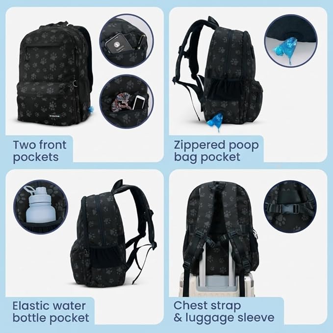 Dog Travel Backpack for Supplies - Dog Diaper Bag with Travel Bowls | 2 BPA-Free Bowls; Food Container & Treat Pouch; Placemat; Laptop Sleeve; Poop Bag Dispenser, Hiking, Camping & Road Trips,