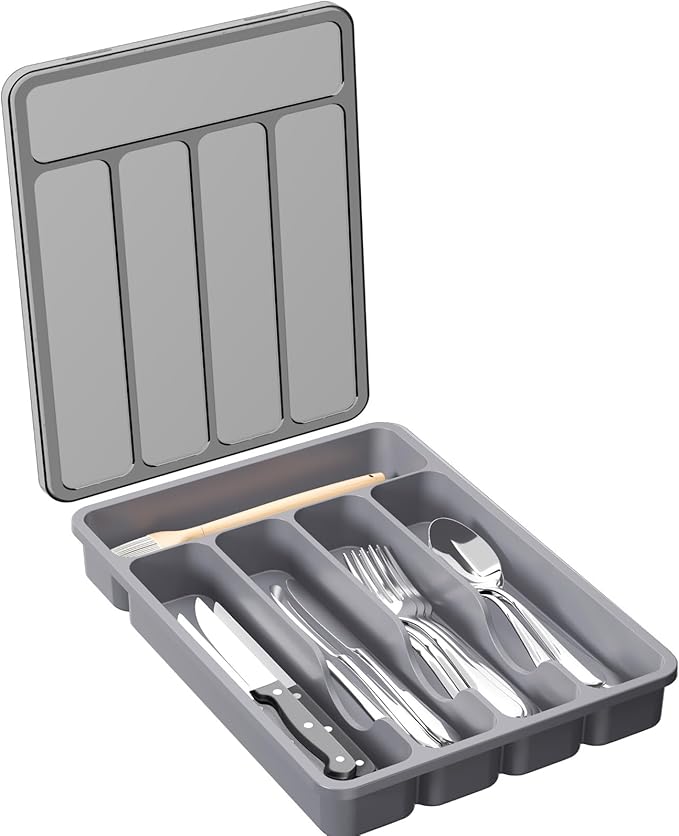 Lifewit Silverware Organizer with Lid, Covered Utensil Tray, 9.5x12.7 | Plastic Cutlery Storage Box for Kitchen Drawer and Countertop, Flatware Case Holder for Spoons Forks Knives, Gray