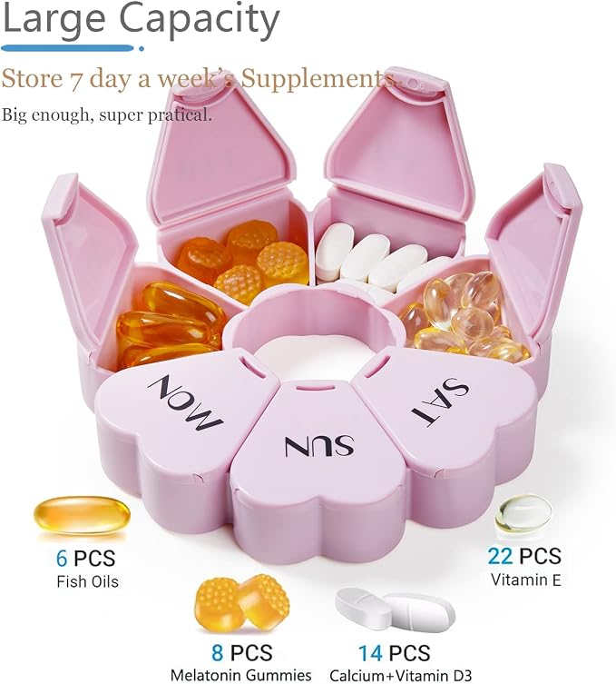 MOLN HYMY Large Weekly Pill Organizer, Girly Pill Box 7 Day, Purple Pink Daily Vitamin Holder for Fish Oil/Medicine/Supplements