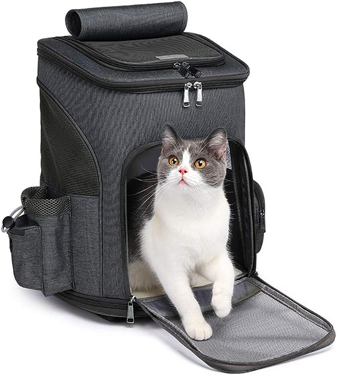 Wheeled Pet Carrier Backpack Pet Stroller, Travel Carrier, Car Seat for Small Dogs Cats Puppies, Comfort Cat Backpack Removable Rolling Wheels – Mesh Ventilation Windows (Black)