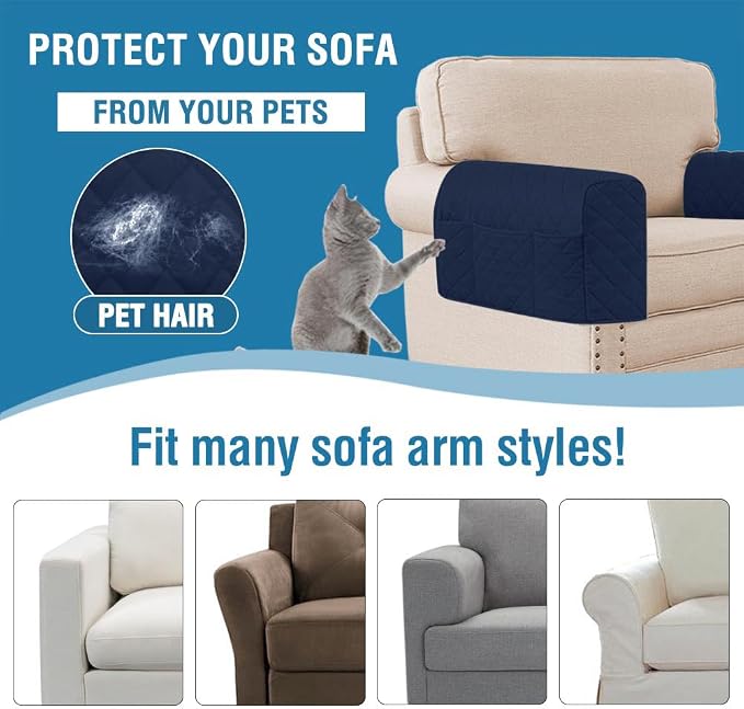 2 Pack Water Resistant Armrest Covers for Chairs and Sofas Couch Arm Covers for Sofa with 3 Pockets for Phone Sofa Arm Protector for Pets, Cats (Navy)