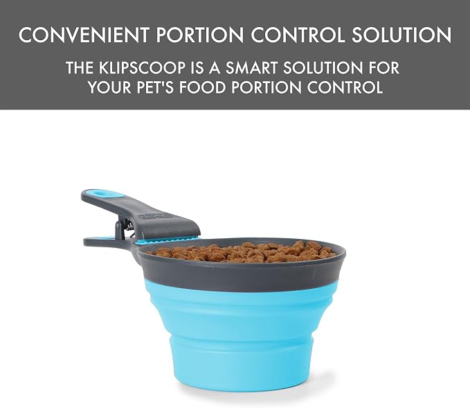 Dexas Popware for Pets Collapsible Klip Scoop, 3-in-1 Pet Food Scoop, Measuring Cup and Bag Clip, 2 Cup Capacity, Blue