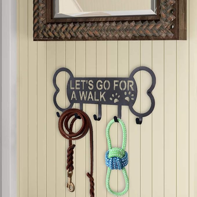 PET ARTIST Wall Dog Leash Holder with 5 Hooks, Decorative Metal Dog Leash Hanger and Organizer for Collars, Leashes and Key Storage