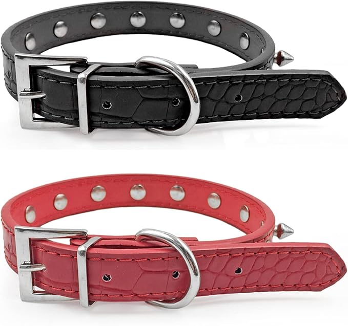 Enjoying Spiky Dog Collar, Spiked Dog Collar for Large Dogs, Anti-Bite Studded Protective Pet Neck, Faux Leather Spiky Collar with Metal Rings for Hold Pet Tags/Leash, Adjustable, Red, L