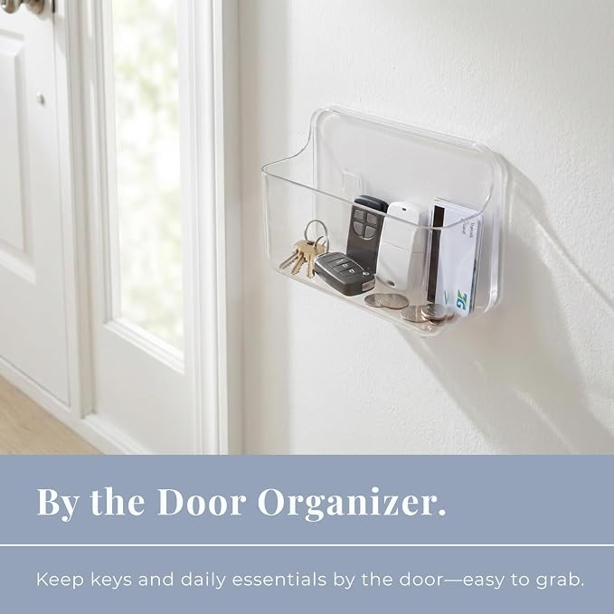 Adhesive Wall Organizer Bin, No-Drill, Clear, 7.1 x 3.15 x 4.75 in | BPA-Free PET, Built-In Drain Holes, Detachable, Easy-Reach Storage for Small Items Like Phones, Remotes, or Sponges
