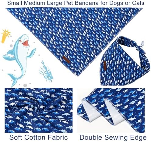 Blue Shark Dog Bandana, Spring Summer Puppy Bandana for Boy Male Dogs, Soft Cotton Pet Beach Triangle Bid Scarf Kerchief for Girl Boy Dogs or Cats