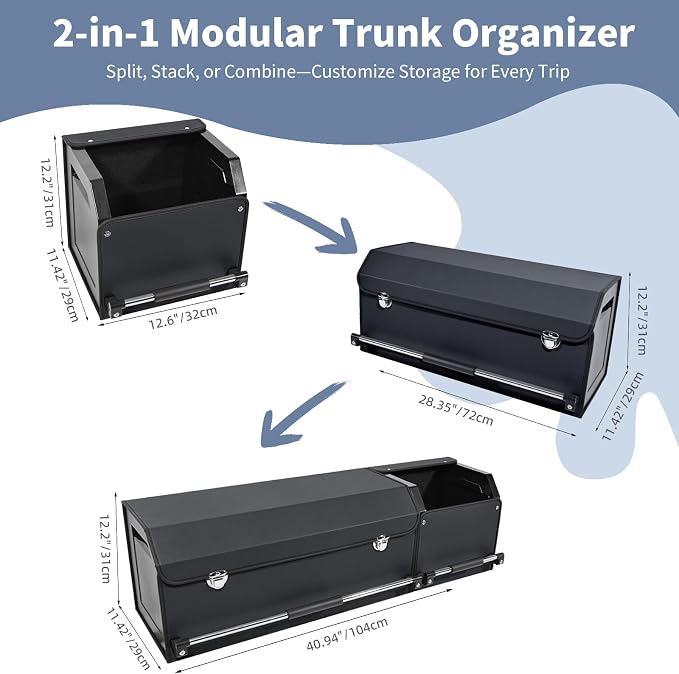 Leather Car Trunk Organizer SUV Trunk Organizer Car Trunk Storage Organizer | Large Trunk Organizer with Lid and Sturdy Handle Car Cargo Storage Box (Black, 41 x 11.4 x 12.2in)