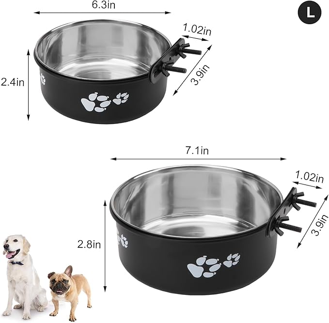 Stainless Steel Dog Crate Bowls Hanging No Spill 2 PCS - Adjustable Mountable Kennel Bowls for Medium/Large Dogs, Anti Spill Water & Food Bowl Set (Black, L(6.3"+7.1"))