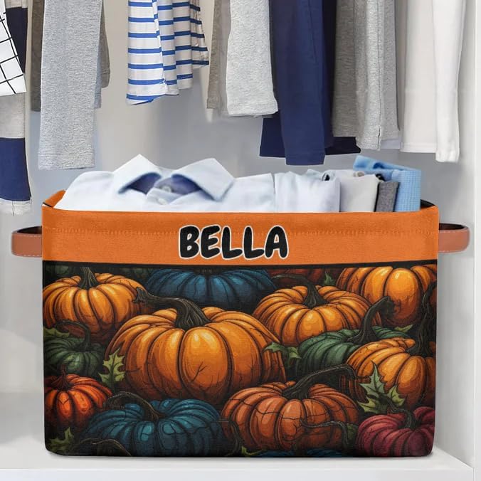 Personalized Foldable Spring Floral Storage Basket with Name for Boys, Laundry Hamper Dirty Clothes Pet Toys Storage Bin with Handles for Shelf Home Closet, Halloween Colorful Pumpkins