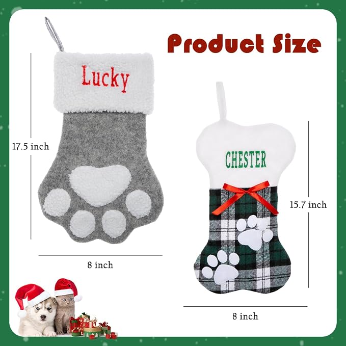 Personalized Christmas Stockings for Dogs Cats, Custom Pet Christmas Stockings with Embroidered Name, Pet Paw or Large Bone Xmas Stockings for Holiday Decoration (4 Pcs)