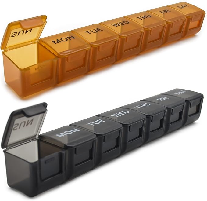 2 Pack Weekly Pill Organizer, Large 7 Day Travel Pill Case (Khaki & Black) | Daily Vitamin Case Medicine Box, AM/PM Pill Containers Twice a Day for Medicine Supplements Fish Oil, Portable & Durable