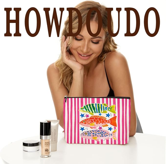 Lovdazzles Colors Preppy Fish Print Makeup Bag Pink Stripes Cosmetic Bag Gifts for Women
