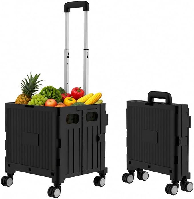 Foldable Shopping Cart with Wheels: Small Rolling Utility Crate | Adjustable Handle, All-Terrain Wheels, Multipurpose Grocery Trolley for Teacher, Market, Office, Luggage, Laundry, Garden