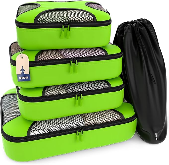 Shacke 5 Set Packing Cubes for Travel with Laundry Bag (Green Grass) | Suitcase Organizer Bags Set: 4 Water-Resistant Luggage Cubes, XL to Small, + Laundry Bag for Carry-On or Checked