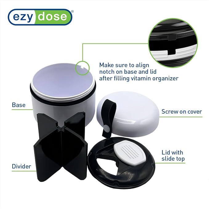Ezy Dose Mini Vitamin Organizer, Multi Compartments, White & Black, Medium | Portable and Compact Design, Easy Access Sliding Pill Dispenser, Supplement Organizer with Anti-Mix Design, Travel Friendly