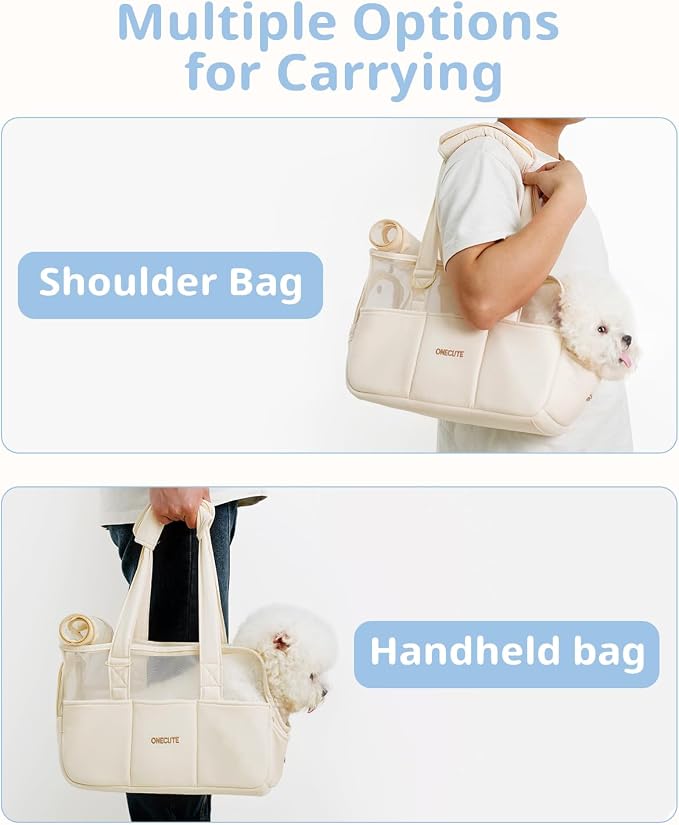 ONECUTE Dog Purse Carrier for Small Dogs Rabbit cat with Large Pockets, Cotton Bag, Dog Carrier Soft Sided, Collapsible Travel Puppy Carrier (Beige Breathable, 17.0" L x 7.5" W x 12.0" H)