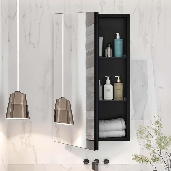 VEVOR Medicine Cabinet, 14 x 24 inches, Medicine Cabinet for Bathroom with Mirror, Aluminum Frame Bathroom Wall Cabinet, 2-Layer Adjustable Shelves, Recessed & Wall-Mounted Installation