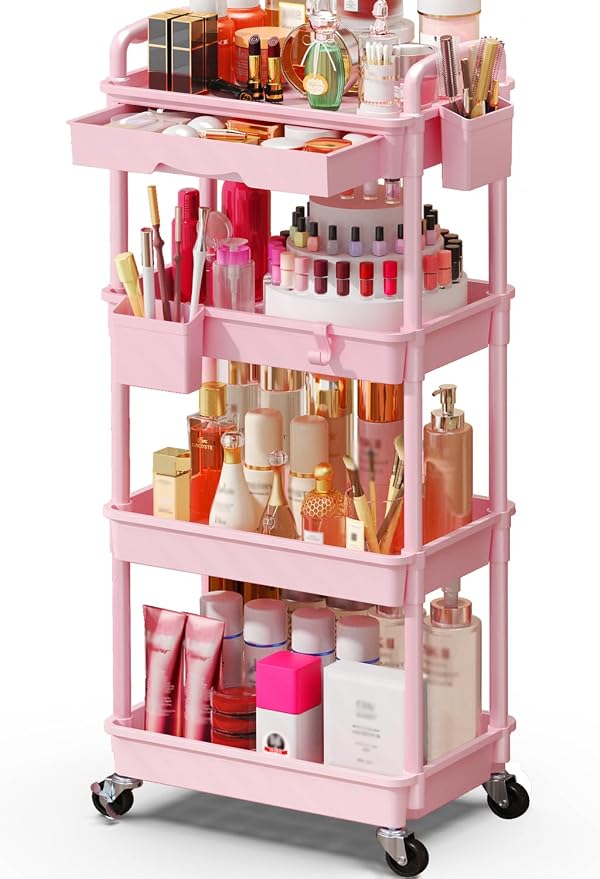 SUNALLY Makeup Cart Organizer with Drawer, 4 Tier Rolling Makeup Cart, Pink | Rolling Vanity Storage for Skin Care Perfume Nail Polish, Floor Skincare Organizers Cosmetics Display Bathroom Storage Cart