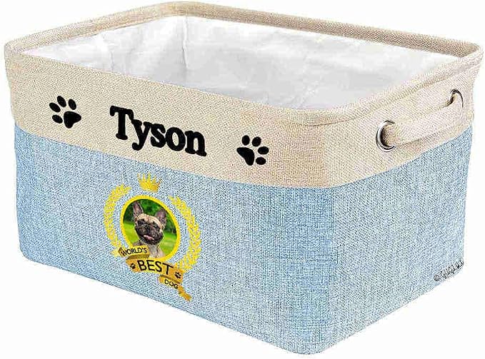 Custom Name Collapsible Dog Toy Storage Basket Bin World's Best Dog Lovely French Bulldog Foldable Pet Toy Box Closet Shelf Baskets Organizer for Bedroom Home Dog Cat with Handles Blue