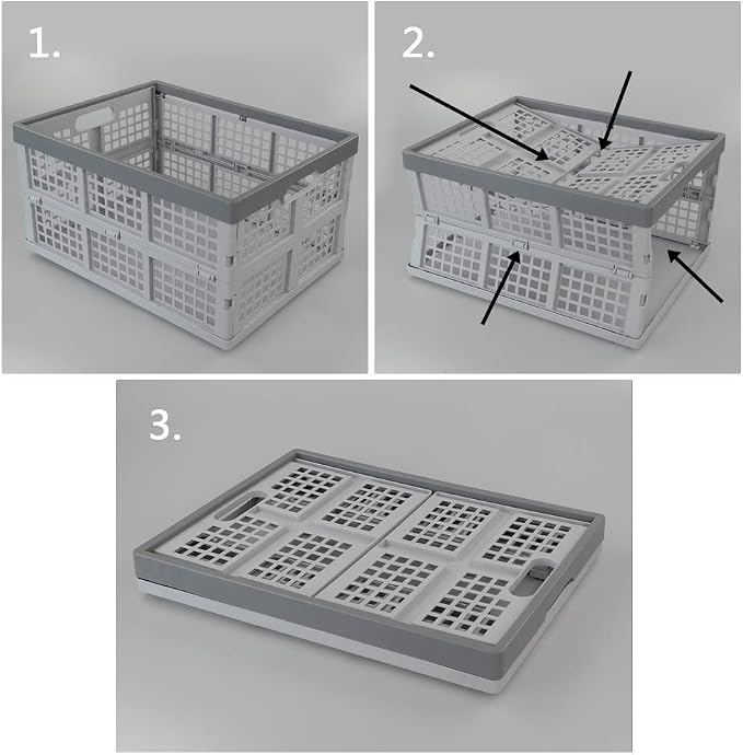 34 L Plastic Collapsible Milk Storage Crates Baskets, 2-Pack, Grey | Foldable Stackable Storage Container Crate