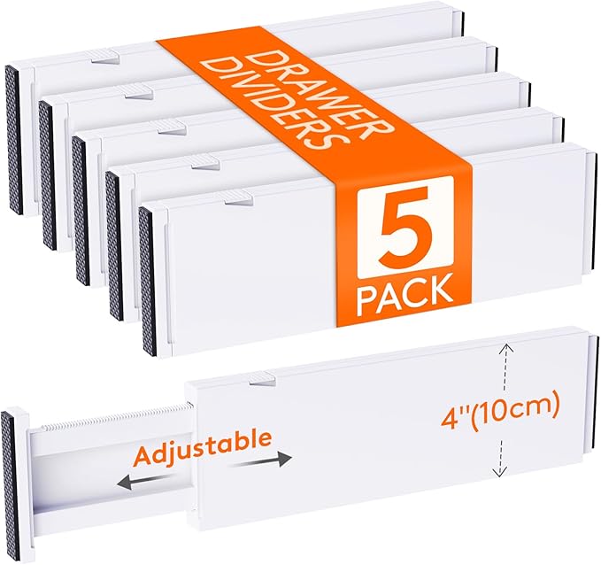 Lifewit 4" High Upgrade Drawer Divider, Adjustable Drawer Organizer Clothes | 13.5"-22" Expandable Plastic Drawer Separator for Dresser, Kitchen, Closet, Nursery, Office Organization & Storage, 5 Pack
