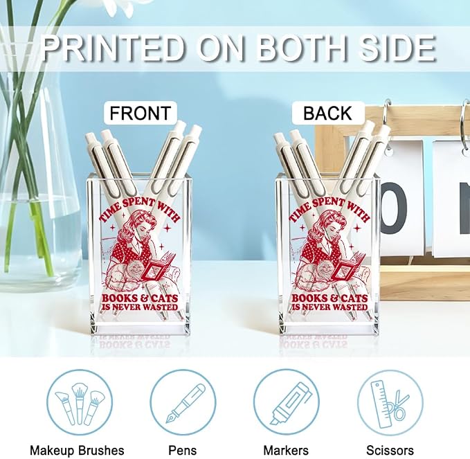 Time Spent With Books & Cats Acrylic Pencil Holder Cup, Funny Floral Cat Books Desk Organizer for Book Lover Bookish Bookworm Reader, Cats Lover Gifts for Mom Sister BFF, Pencil Cup for Desk