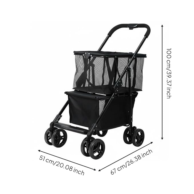 Generic Foldable Cart Utility Shopping Pet Carrier Rolling Trolley with Detachable Crate and Easy Steering Wheels Metal and Oxford Cloth Suitable, Black, Black, Two-Way Hand Cart