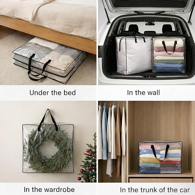 95L Underbed Storage Bag, Clear Foldable Bedding Organizer for Blankets, Comforters, Clothes, Pillows and Seasonal Items, Soft Under Bed Storage Container with Handles, 1 Pack
