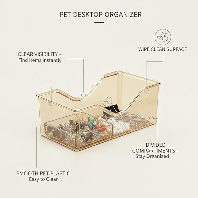 Divided Storage Box with Lid, PET Plastic Organizer for Desktop Drawers, Clear Compartments for Office Supplies Craft Jewelry (1 PC)
