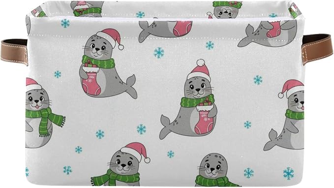 Christmas Seal White Print Rectangular Storage Bin Basket with Handles - Organizer Bin for Books Clothes Laundry Basket for Pets Playroom